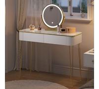 eSituro Tocador de Maquillaje con Luz y Espejo, Mesa Blanca LED Ajustable, Moderna con 2 Cajones, Encimera de Alto Brillo, Patas Doradas de Metal, SDT0083