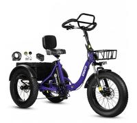 ESKUTE T302 Pro Triciclo eléctrico para adultos, Fat Bike 20 × 4.0, plegable con batería de 48 V 20,8 Ah, motor de 50 Nm, bolsa para móvil, espejo y candado
