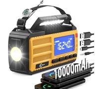 Esky Radio de manivela, 10000 mAh, radio de emergencia solar con receptor mundial AM/FM, banco de energía, cargador USB, linterna LED y luz de lectura, alarma SOS y brújula, portátil para camping