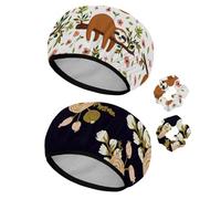 Eslifey 2 gorros de ducha reutilizables con coleteros para el cabello para mujer, gorro de baño elástico impermeable para cabello largo, bonito patrón de perezoso en ramas de árbol y flores
