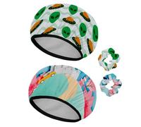 Eslifey 2 gorros de ducha reutilizables con coleteros para el cabello para mujer, gorro de baño elástico impermeable para cabello largo, patrón de nave espacial de invasión de ovnis alienígenas verdes