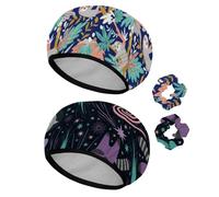 Eslifey 2 gorros de ducha reutilizables con coleteros para el cabello para mujer, gorro de baño elástico impermeable para cabello largo, patrón lindo de palma de coco y perezoso