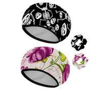 Eslifey 2 gorros de ducha reutilizables con coleteros para el cabello para mujer, gorro de baño elástico impermeable para cabello largo, calavera de esqueleto humano, blanco y negro