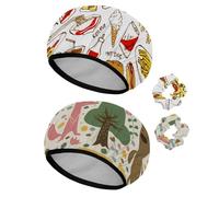 Eslifey 2 gorros de ducha reutilizables con coleteros para el pelo para mujer, gorro de baño elástico impermeable para cabello largo, patrón de comida rápida, pizza, Hamburgo, perro caliente