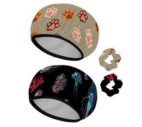 Eslifey 2 gorros de ducha reutilizables con coleteros para el pelo para mujer, gorro de baño elástico impermeable para cabello largo, estampado de huellas de gato con patrón de garras