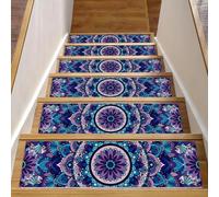 Eslifey Alfombra de henna psicodélica, color morado con mandala indio, para peldaños de madera, paquete de 15 unidades, 30 x 8 pulgadas, antideslizantes, para interiores, para perros, niños, ancianos