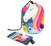 Eslifey Bolsa de cosméticos con cordón, bolsa de maquillaje portátil en forma de barril, diseño de unicornios mágicos, de gran capacidad, impermeable, multifuncional, Multicolor 1,