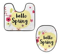 Eslifey Funda para tapa de inodoro y alfombrilla de inodoro en forma de U, juego de 2 piezas, diseño floral de Hello Spring, fundas de asiento lavables a máquina, alfombras antideslizantes y