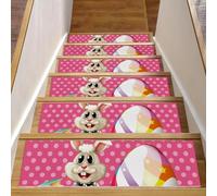 Eslifey Happy-Easter-with-Bunny-and-Eggs-on-Pink-Background - Peldaños de madera para peldaños de madera, paquete de 15 alfombras antideslizantes de 30 x 8 pulgadas para interiores para perros, niños