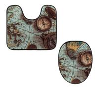 Eslifey Juego de 2 fundas para tapa de inodoro y alfombrilla de inodoro en forma de U, diseño de brújula pirata, mapa del mundo, llave de esqueleto, botella, imagen, lavable a máquina, fundas de