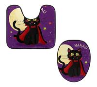 Eslifey Juego de 2 fundas para tapa de inodoro y alfombrillas de inodoro en forma de U, bonito juego de alfombrillas de inodoro de gato negro, lavables a máquina, antideslizantes y absorbentes