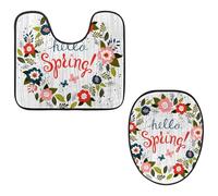 Eslifey Juego de 2 fundas para tapa de inodoro y alfombrillas de inodoro en forma de U, diseño de flores de Hello Spring, lavables a máquina, antideslizantes y absorbentes