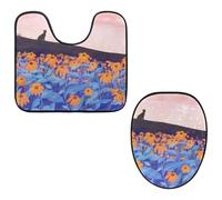 Eslifey Juego de 2 fundas para tapa de inodoro y alfombrillas de inodoro en forma de U, diseño de gato en campo de flores, lavables a máquina, antideslizantes y absorbentes