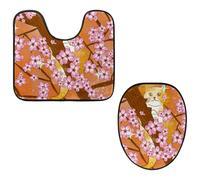 Eslifey Juego de 2 fundas para tapa de inodoro y alfombrillas de inodoro en forma de U, diseño de gato con flores rosas, lavables a máquina, antideslizantes y absorbentes
