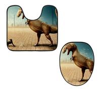 Eslifey Juego de 2 fundas para tapa de inodoro y alfombrillas de inodoro en forma de U, diseño de gato contra dinosaurio, fundas de asiento lavables a máquina, alfombras antideslizantes y absorbentes