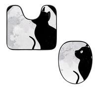 Eslifey Juego de 2 fundas para tapa de inodoro y alfombrillas de inodoro en forma de U, diseño de gato y luna, lavables a máquina, antideslizantes y absorbentes