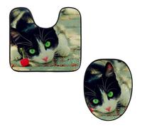 Eslifey Juego de 2 fundas para tapa de inodoro y alfombrillas de inodoro en forma de U, diseño de gato y cereza, lavables a máquina, antideslizantes y absorbentes