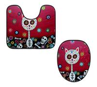 Eslifey Juego de 2 fundas para tapa de inodoro y alfombrillas de inodoro en forma de U, diseño de gato con flores del día de los muertos, lavables a máquina, alfombras antideslizantes y absorbentes