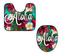 Eslifey Juego de 2 fundas para tapa de inodoro y alfombrillas de inodoro en forma de U, diseño de hoja de palma hawaiana, lirio rosa, orquídea, hibisco, flores, lavable a máquina, fundas de asiento