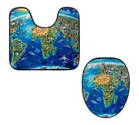 Eslifey Juego de 2 fundas para tapa de inodoro y alfombrillas de inodoro en forma de U, diseño de mapa del mundo, lavables a máquina, antideslizantes y absorbentes