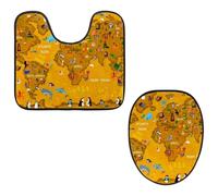 Eslifey Juego de 2 fundas para tapa de inodoro y alfombrillas de inodoro en forma de U, diseño de mapa del mundo de animales, lavables a máquina, antideslizantes y absorbentes