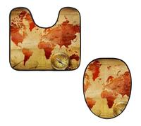 Eslifey Juego de 2 fundas para tapa de inodoro y alfombrillas de inodoro en forma de U, diseño de mapa del mundo retro, fundas de asiento lavables a máquina, antideslizantes y absorbentes