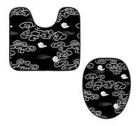 Eslifey Juego de 2 fundas para tapa de inodoro y alfombrillas de inodoro en forma de U, diseño de nube japonesa auspiciosa blanca, negra y gris, lavable a máquina, fundas de asiento antideslizantes y