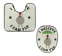 Eslifey Juego de 2 fundas para tapa de inodoro y alfombrillas de inodoro en forma de U, diseño de pollo divertido I Belive I Can Fly, fundas de asiento lavables a máquina, alfombras antideslizantes y