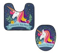Eslifey Juego de 2 fundas para tapa de inodoro y alfombrillas de inodoro en forma de U, diseño de unicornios mágicos con flores reales, lavables a máquina, antideslizantes y absorbentes