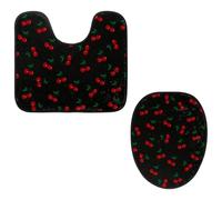 Eslifey Juego de 2 fundas para tapa de inodoro y alfombrillas de inodoro en forma de U, fondo rojo cereza negra, fundas de asiento lavables a máquina, alfombras antideslizantes y absorbentes