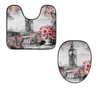 Eslifey Juego de 2 fundas para tapa de inodoro y alfombrillas de inodoro en forma de U, juego de 2 alfombrillas de inodoro London Big Ben, lavables a máquina, alfombras antideslizantes y absorbentes
