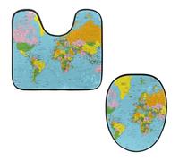 Eslifey Juego de 2 fundas para tapa de inodoro y alfombrillas de inodoro en forma de U, juego de alfombrillas de inodoro con mapa del mundo, lavables a máquina, antideslizantes y absorbentes