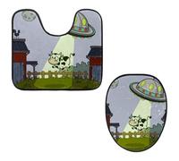 Eslifey Juego de 2 fundas para tapa de inodoro y alfombrillas de inodoro en forma de U, juego de alfombrillas de inodoro de vaca de secuestro OVNI, fundas de asiento lavables a máquina, alfombras