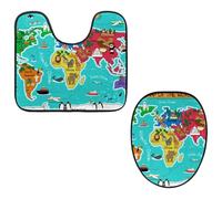 Eslifey Juego de 2 fundas para tapa de inodoro y alfombrillas de inodoro en forma de U, juego de alfombrillas de inodoro con mapa del mundo, lavables a máquina, antideslizantes y absorbentes
