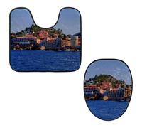 Eslifey Juego de 2 fundas para tapa de inodoro y alfombrillas de inodoro en forma de U, juego de alfombrillas de inodoro de Isla Elba, lavables a máquina, antideslizantes y absorbentes