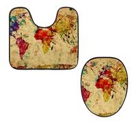 Eslifey Juego de 2 fundas para tapa de inodoro y alfombrillas de inodoro en forma de U, juego de alfombrillas de inodoro con mapa del mundo, lavables a máquina, antideslizantes y absorbentes