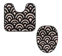 Eslifey Juego de 2 fundas para tapa de inodoro y alfombrillas de inodoro en forma de U, patrón geométrico de escala negra, fundas de asiento lavables a máquina, alfombras antideslizantes y absorbentes