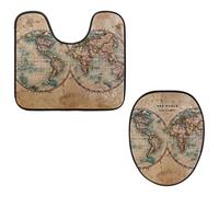 Eslifey Juego de 2 fundas para tapa de inodoro y alfombrillas de inodoro en forma de U, vintage, retro, con mapa del mundo antiguo, lavables a máquina, antideslizantes y absorbentes