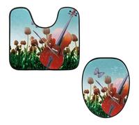 Eslifey Juego de 2 fundas para tapa de inodoro y alfombrillas de inodoro en forma de U, violín con tulipanes, lavables a máquina, antideslizantes y absorbentes