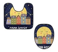 Eslifey Juego de 2 fundas para tapa de inodoro y alfombrillas en forma de U, diseño de castillo de luna, buenas noches, lavables a máquina, alfombras antideslizantes y absorbentes