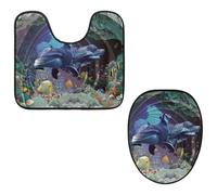 Eslifey Juego de 2 fundas para tapa de inodoro y alfombrillas en forma de U, diseño de delfines del mundo submarino, lavables a máquina, antideslizantes y absorbentes