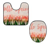 Eslifey Juego de 2 fundas para tapa de inodoro y alfombrillas para inodoro en forma de U, diseño de flor de tulipán Hello Spring, lavables a máquina, antideslizantes y absorbentes