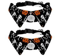 Eslifey Paquete de 2 collares de perro con pajarita y campana, baile de esqueleto y calabaza, diseño de solapa ajustable, collar de pajarita para mascotas pequeñas