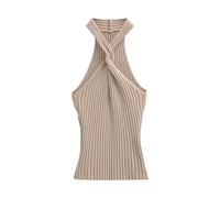 esmen Chaleco de Punto Cruzado con Cuello Halter y Hombros Descubiertos Jersey Hilo Hilado núcleo Superior for Mujer Corte Ajustado(Camel,Small)