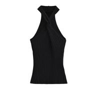 esmen Chaleco de Punto Cruzado con Cuello Halter y Hombros Descubiertos Jersey Hilo Hilado núcleo Superior for Mujer Corte Ajustado(Noir,Small)