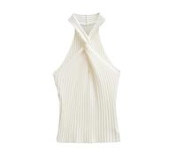 esmen Chaleco de Punto Cruzado con Cuello Halter y Hombros Descubiertos Jersey Hilo Hilado núcleo Superior for Mujer Corte Ajustado(Beige,M)