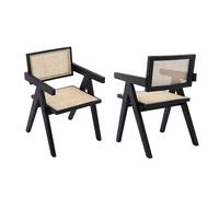 esmen Farmhouse Rattan Dining Chairs Set of 2, Armchair with Rattan Back & Seat for Bedroom Patio Balcony Kitchen(Noir)