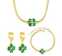 Esmeralda Conjunto de Joyas para Mujer con Trébol de Cuatro Hojas Oro Plateado Acero Titanio Suerte Trébol de Cuatro Colgante Collar Pendientes Pulsera Set de Joyería con Zirconia Cúbico (Verde)