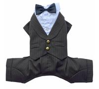 Esmoquin para perros marrón con raya diplomática y pajarita de DoggyDolly, 4 mangas