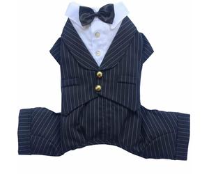 Esmoquin para perros negro con raya diplomática y pajarita de DoggyDolly, 4 mangas